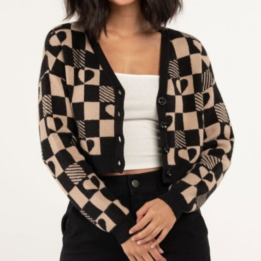 RSQ Black Tan Checkered Heart Print Crop Cardigan Sweater Size M Cute Cozy